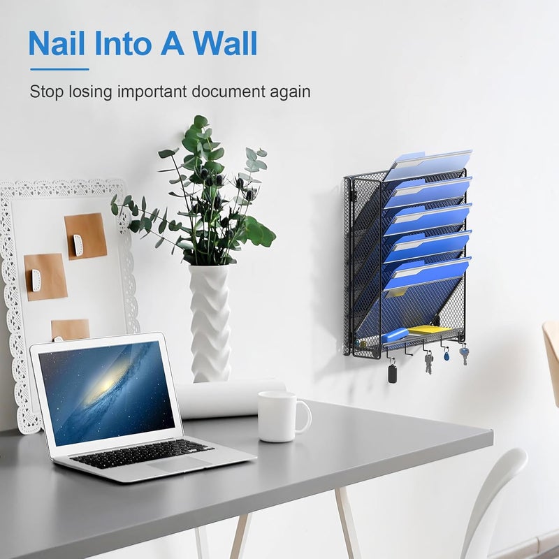 OUTWOLF Hanging Wall File Organizer with Hooks, 6 Tier Vertical Wall Mount File Holder, Paper Document Mail Organizer for Office - Image 2